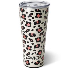 a white and black leopard print tumbler cup with the word oww on it