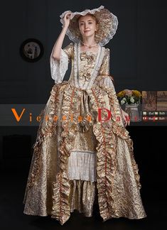 Medieval Renaissance Gold Floral Baroque Rococo Marie Antoinette Dress     Condition: Brand New   Color:Gold   Material: This dress made of High Quality Brocade, soft,smooth and comfortable to wear   Sleeve Length: Long Flare Sleeve   Dresses Length:Floor-Length   Neckline: amp;nbsp; Square Neck   Decoration: Ruffles + Lace + Bow   Package Includes: One Dress     The length of skirt about 45 inches (114 cm) long from waist to hem regardless of size. This dress is pictured with a 3-hoop bustle Pe Baroque Victorian Dress For Costume And Medieval Festivals, Baroque Victorian Dress For Costume Parties And Medieval Festivals, Floor-length Victorian Rococo Dress For Costume, Victorian Rococo Floor-length Costume Dress, Rococo Style Victorian Floor-length Costume Dress, Floor-length Victorian Rococo Costume Dress, Floor-length Victorian Rococo Dress Costume, Rococo Style Medieval Costume Dress, Baroque Medieval Dress For Costume Party