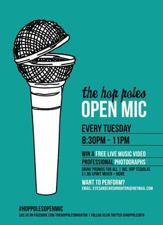 an advertisement for the hope palace's open mic event, featuring a microphone in a plastic cup