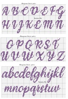 three different types of cross stitch font and numbers, each with the letter's lowercase