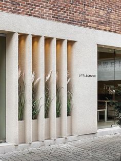 the entrance to a building with three planters on each side