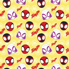 a yellow background with spider - man masks on it