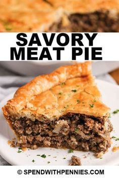 a piece of savory meat pie on a white plate with the title above it