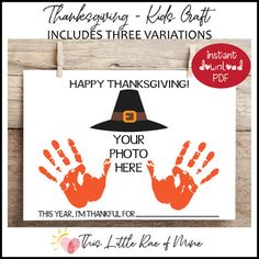 a thanksgiving card with handprints and a witch hat on it, that says happy thanksgiving