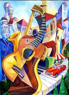 a painting of a guitar and some buildings