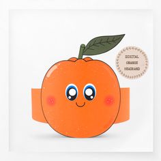 an orange with a green leaf on it's head is shown in front of a white background