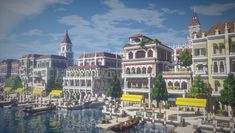 an animated city with lots of buildings and boats on the water in front of them