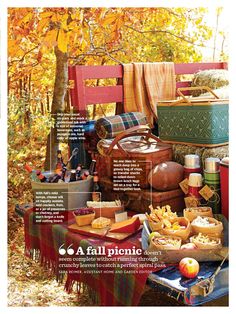 an advertisement for the fall picnic is shown in front of a bench and table with food on it