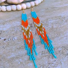 Gorgeous 7” Long Native Style Beaded Earrings In Teal / White / Orange Miami Dolphins Colors!! Step Up Your Game Day Look Or Just Rock These Earrings! Wear One Or Both Japanese Miyuki Glass Seed Beads - Known For High Quality And Uniform Shape 18k Gold Ear Wire Glass Beads Are Lightweight And Have Beautiful Glossy Shine Longer Gold Bugle Bead Accents Handmade In Delray Beach, Fl Etsy: Saltybeadssofl Contact Seller For Color Or Design Options! Shoulder Duster Earrings, Wire Hoop Earrings, Beaded Fringe Earrings, White Pearl Earring, Rectangle Earrings, Bride Earrings, Butterfly Earrings Stud, Native Style, Sterling Silver Drop Earrings