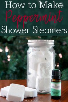 how to make peppermint shower steamers in a mason jar with text overlay