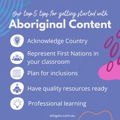 a poster with the words, tips for getting started with aboriginal content