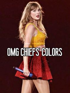 a woman in a red and yellow dress holding a baseball bat with the caption omg chefs colors