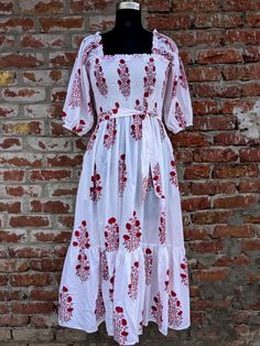 Hand Block Printed Summer Dress Floral Pink Tiered Smocked Bodice Organic Cotton Ethical Sustainable Sundress Women Pure Cotton linen Dress Sundress Women, Rose Corsage, Cotton Linen Dresses, Floral Dress Summer, Linen Dress, Dress Clothes For Women, Fall Dresses