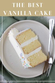 a slice of vanilla cake on a plate with a fork