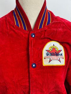 Vintage Macy's Day Parade Thanksgiving Corduroy NCA Performance Team Letterman Jacket Sz: unisex large Brand: Delong  Condition: excellent  Color: red Red Corduroy Winter Outerwear, Winter Red Outerwear With Corduroy Collar, Macys Day Parade, Macy's Day Parade, Vintage Nasa, Nasa Apollo, Letterman Jacket, Paramount Pictures, Printing Labels