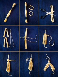 eight pictures of different types of scissors and tassels