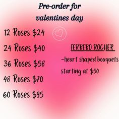 a valentine's day menu with prices for two roses and one heart shaped bouquet