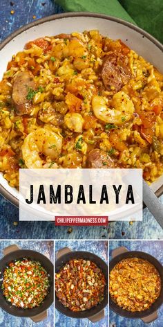 the recipe for jambalaya is shown in four different pans, including one with