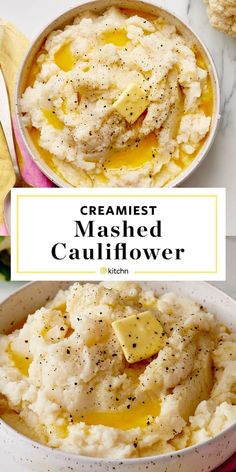 mashed cauliflower in a bowl with butter and seasoning on the side