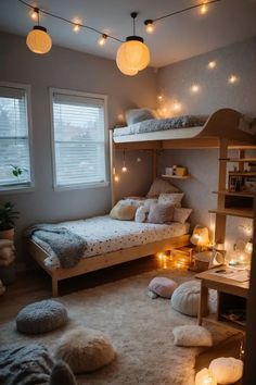 Cozy bedroom with bunk bed, soft lighting, string lights, and fluffy rugs and cushions. Tiny Room For 2 Sisters, Kids Bunk Bedroom, Small Girls Bedroom Ideas For Two, Kids Room With Bunk Beds Bedroom Ideas, Small Bedroom Shared Children, Twins Bedroom Ideas Sisters, Split Room Ideas Bedrooms Kids, Two Beds In One Room Small Bedrooms