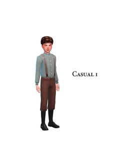 an animated boy is standing in front of the words casual i on his shirt and pants