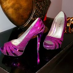 Shiny.......No Box. Glamorous Purple High Heels, Lavender Round Toe Heels For Party, Open Toe Sandals Heels, Black Lace Heels, Steve Madden Pumps, New Heels, Black Patent Leather Shoes, Nina Shoes, Leopard Heels