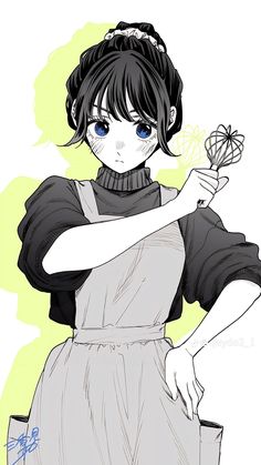 a drawing of a girl with blue eyes holding a flower in one hand and wearing an apron on the other