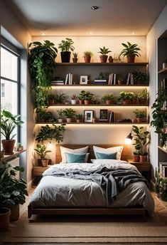 a bedroom with plants on the shelves above the bed