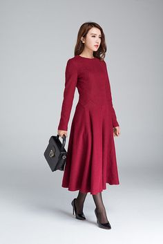 Dresses Casual Red, Vintage Womens Dresses, Casual Red Dress, Womens Dresses Casual, Fall Party Dress, Red Dress Casual, Midi Dress Winter, Dresses Fitted, Wine Red Dress