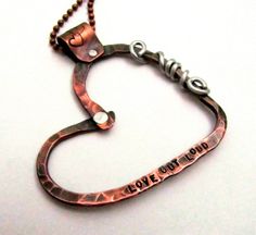 Copper Heart Necklace  Hand Stamped Jewelry by FiredUpLadiesHammer, $27.00 Unique Personalized Heart-shaped Necklace, Personalized Open Heart Metal Necklace, Halfling Rogue, Rivet Jewelry, Cold Connections, Copper Etching, Mixed Metal Necklace, Mosh Pit, Wire Jewellery