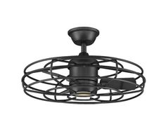 a black ceiling fan with an industrial cage design