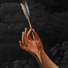 a hand holding a feather with rocks in the background