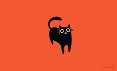 a black cat with glasses on it's head is standing in front of an orange background