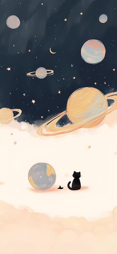 an animal sitting on the ground in front of planets