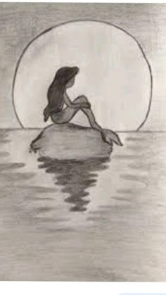 a drawing of a woman sitting on top of a rock in the ocean under a full moon