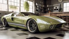 a green sports car sitting on top of a black and white checkerboard floor