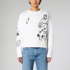 Cotton knit jumper by 1989 Studio featuring all over scribble pattern, metal logo plate on the back, crewneck, long sleeves, ribber collar, cuffs and hem. White Crew Neck Cropped Sweater, Trendy White Crew Neck Cropped Sweater, Trendy White Cropped Sweater With Ribbed Cuffs, Trendy White Cropped Crew Neck Sweater, White Cotton Cropped Sweater With Ribbed Cuffs, Scribble Pattern, Balenciaga Runners, Slap Bracelets, Asymmetrical Earrings