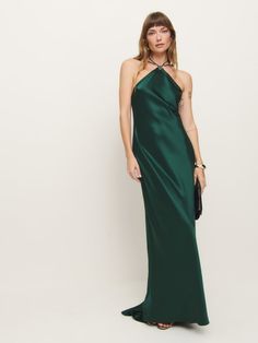 How fancy. Shop the Zinna Dress from Reformation, a sleeveless full-length dress with a halter neckline. Fancy Shop, Long Green Dress, Vintage Inspired Jewelry, Silky Fabric, Full Length Dress, Reformation Dresses, Glam Dresses, Halter Neckline, New Tops