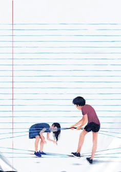 two children are playing with each other in the snow while one child is holding onto an object