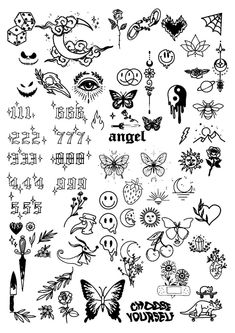 an assortment of tattoo designs on white paper