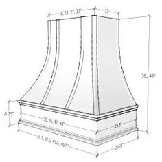 a drawing of a range hood with measurements for the top and side panels on it