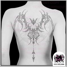 the back of a woman's body with an intricate tattoo design on her chest