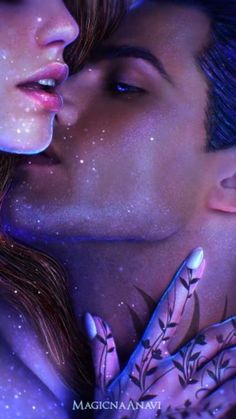 a couple kissing each other in front of the sky with stars on their face and hands