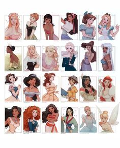 the disney princesses are all dressed up in different outfits and hair styles, but one is