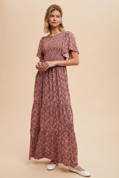 Floral maxi dress with stretchy smocked bodice, fun self tie bow at back neck, elastic waistband, flutter sleeves and tiered skirt. 100% Rayon Hand wash in cold. Aprox. measurements in inches: S:Length-58 |Bust-28 |Waist-26 M:Length-59 |Bust-30 |Waist-28 L:Length-59 |Bust-32 |Waist-30 modest dresses, modest dress, modest midi, modest maxi, modest fashion, modest trendy dresses, modest boutique, modest attire, modest clothing, modest tops, modest skirts, modest shop Skirts Modest, Modest Attire, Modest Boutique, Nursing Friendly Dress, Modest Maxi Dress, Temple Dress, Modest Maxi, Fashion Modest, Modest Tops