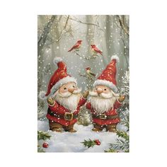 two gnomes are standing in the snow with birds flying around them and one is wearing a santa hat