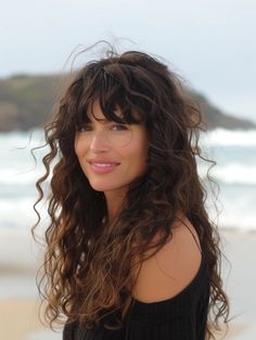 47 Curly Hair Bangs: Trendy Styles for Every Face Shape and Hair Type | Curly Hairstyles Guide Scrunched Hair With Bangs, Layered Curly Hair Curtain Bangs, Curly With Fringe, Long Curly Hair Straight Bangs, Bangs With Curly Wavy Hair, Waterfall Bangs Curly Hair, Long Curly With Bangs, Long Wavy Curly Hair With Bangs, Fringe Bangs With Wavy Hair