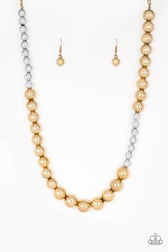 Varying in size, glistening gold and shimmery silver beads drape below the collar in a dramatically asymmetrical fashion. Features an adjustable clasp closure. Asymmetrical Fashion, Pink Jewels, Silver Bead Necklace, Power To The People, Gold Jewelry Necklace, Paparazzi Accessories, Paparazzi Jewelry, Necklace Earring Set, Matching Earrings