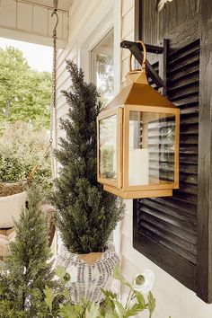 a lantern hanging from the side of a house next to a potted evergreen tree