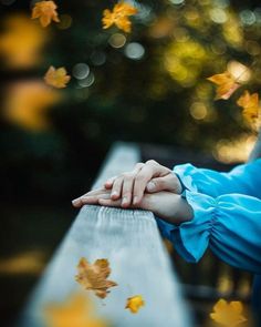 a woman's hands resting on a park bench with falling leaves in the air